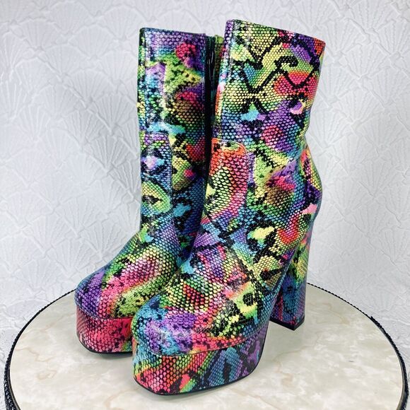Liliana Platform Boots Womens Size 7 Rainbow Snakeskin Print Disco Zip Up Heels - Picture 5 of 14